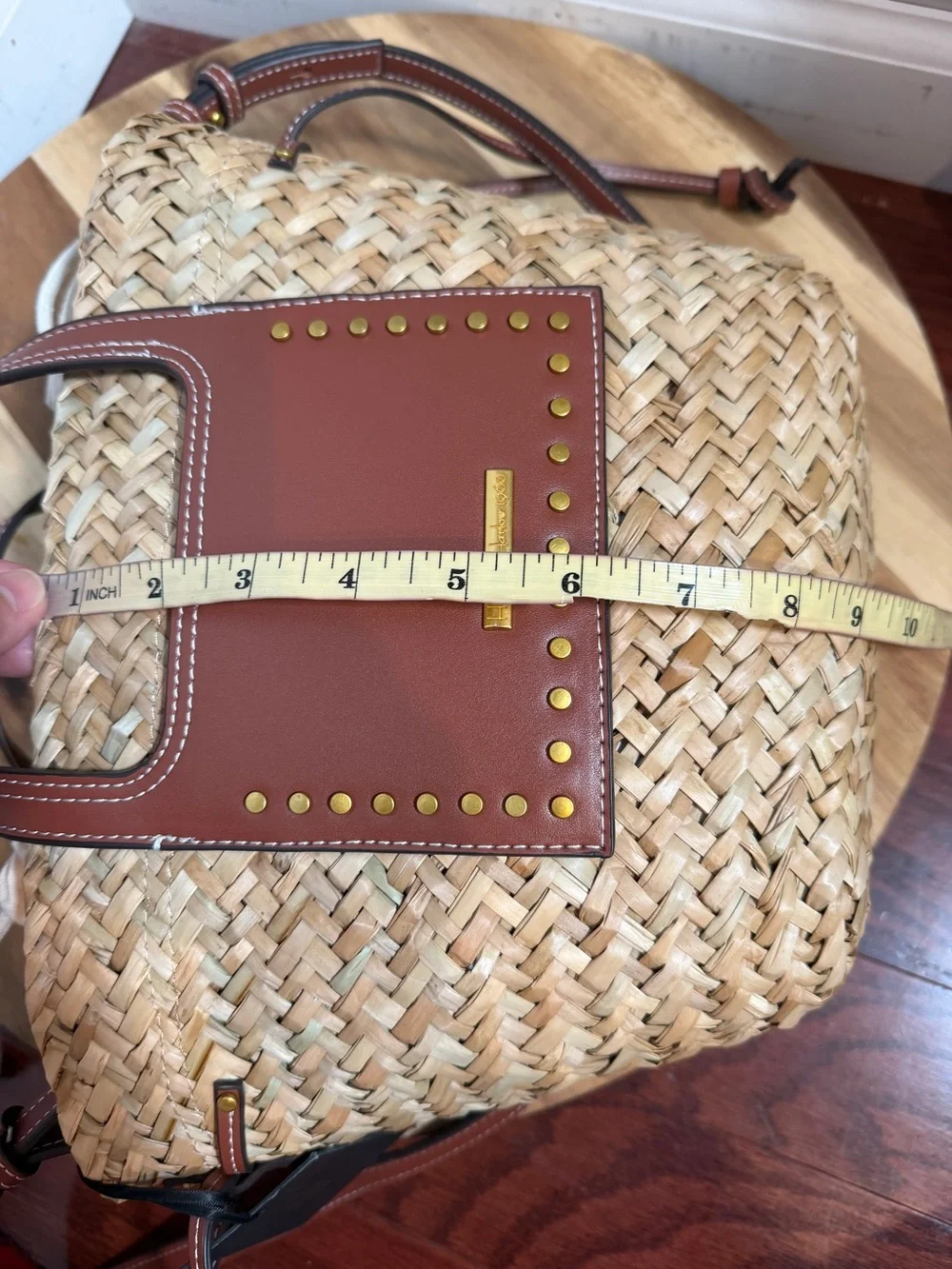 House of Harlow 1960 Woven Straw Basket Bag Brown Leather Studded Crossbody Tote